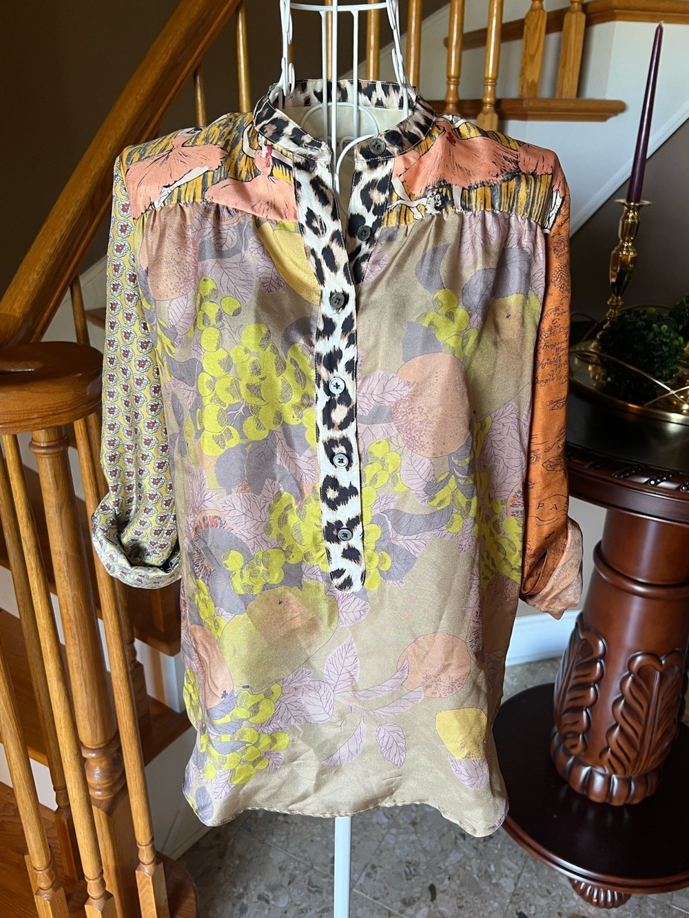 La Prestic Ouiston Silk Floral Patchwork Animal Printed Blouse Artsy Luxury Sz 0